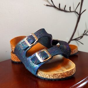 Metallic Mermaid Sandals Small 6/7 Birk Style Slip on Cork Iridescent Snakeskin